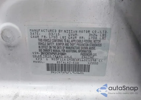 2015 Nissan Versa 1.6 S+ z USA, uszkodzony, nr VIN 3N1CN7AP6FL915601